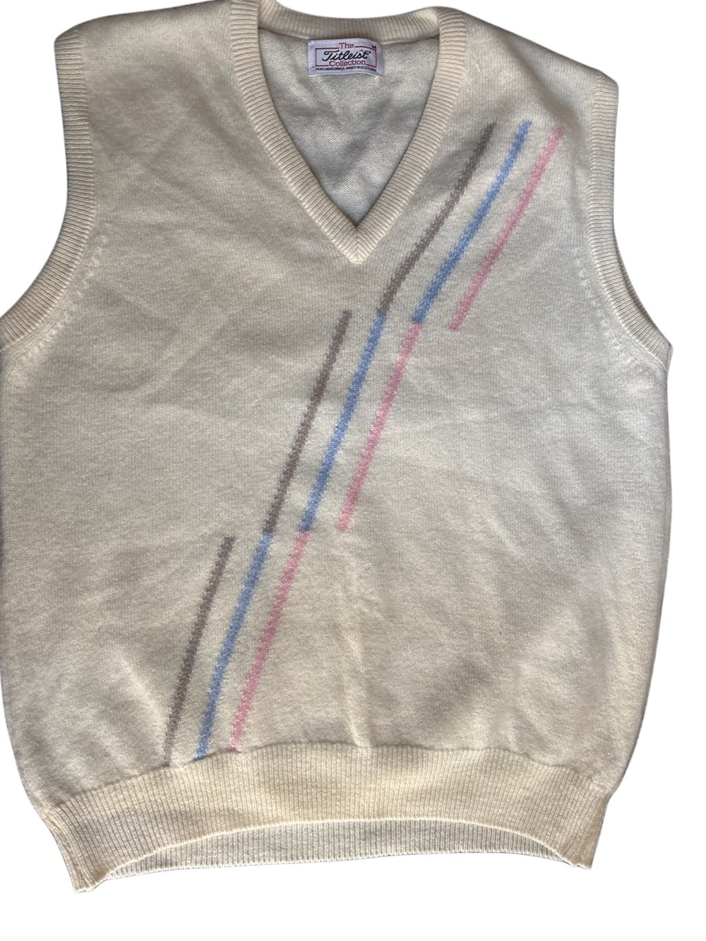 Titleist Cream V-Neck Sweater Vest with Pink, Blue, and Gray Stripes